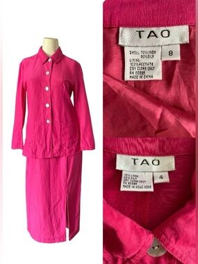 Vintage 80s TAO 2 Piece Set Jacket & Skirt Women's Hot Pink FUCHSIA Linen Blend